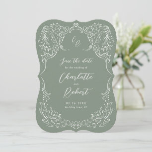 Sage Sketched Vintage Flourish Monogram Wedding Save The Date