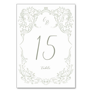 Sage Sketched Vintage Flourish Monogram Wedding Table Number