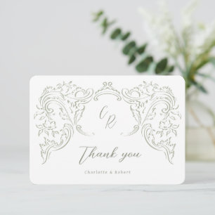 Sage Sketched Vintage Flourish Monogram Wedding Thank You Card