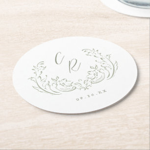 Sage Sketched Vintage Flourish Wedding Monogram Round Paper Coaster