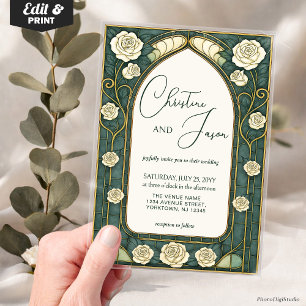 Sage Stained Glass Floral Art Nouveau Wedding  Acrylic Invitations