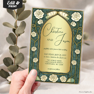 Sage Stained Glass Floral Art Nouveau Wedding  Acrylic Invitations