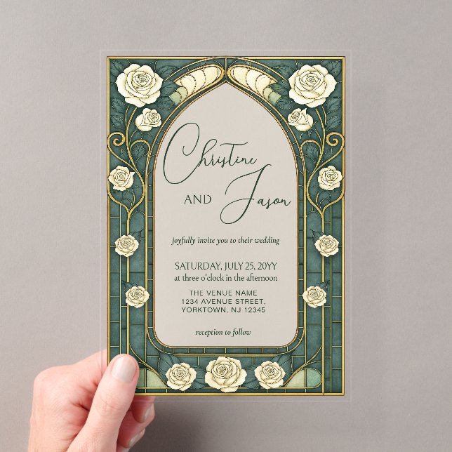 Sage Stained Glass Floral Art Nouveau Wedding  Acrylic Invitations (Insitu (Handheld))
