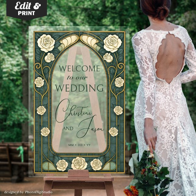 Sage Stained Glass Floral Wedding Welcome  (Sage Stained Glass Floral Wedding Welcome Acrylic Art Nouveau Sign Frosted Look Sign)