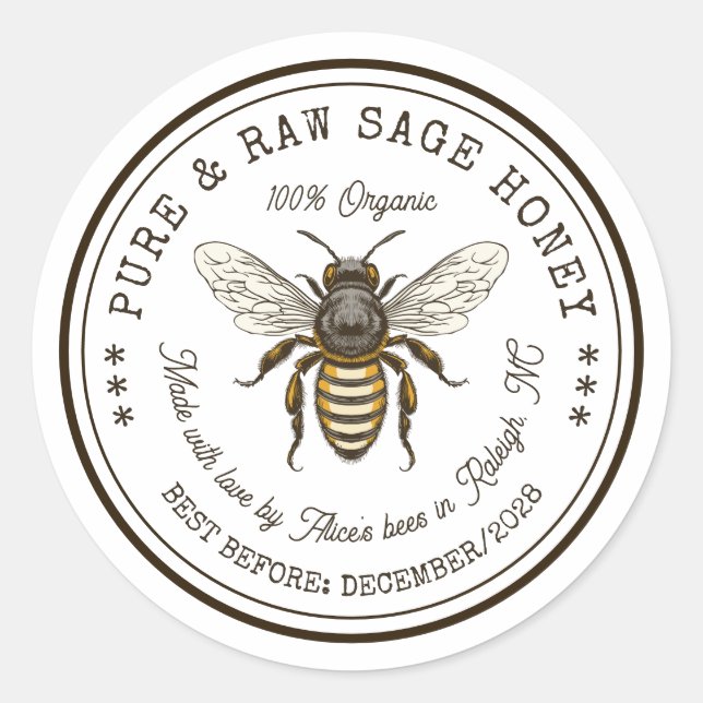 Sage sticker de conserverie de miel avec abeille v (Devant)