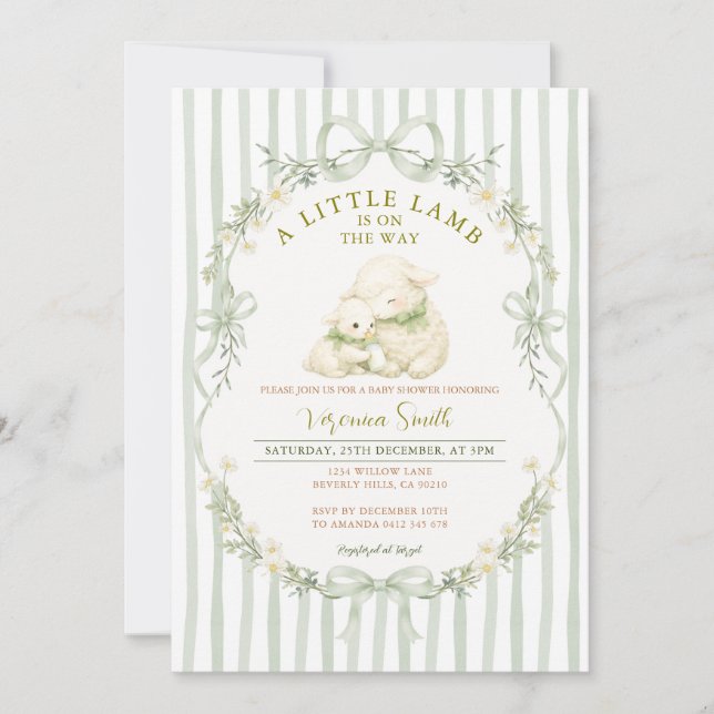 Sage Stripe Little Lamb Baby Shower Invitation (Devant)