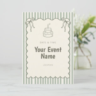 Sage Stripe Scallop Bow Layer Cake Invitation