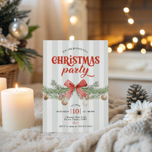 Sage Striped Plaid Bow Pine Christmas Invite