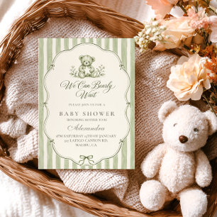 Sage Striped Teddy Bear Baby Shower Invitation
