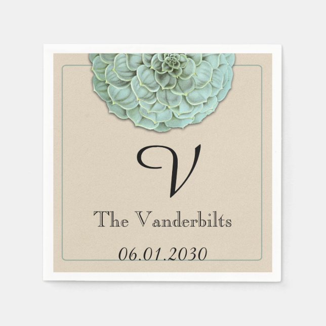 Sage Succulent Monogram Wedding Napkin (Front)