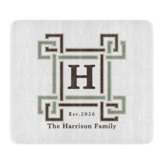 Sage Taupe Greek Key Monogram Family Crest Cutting Board