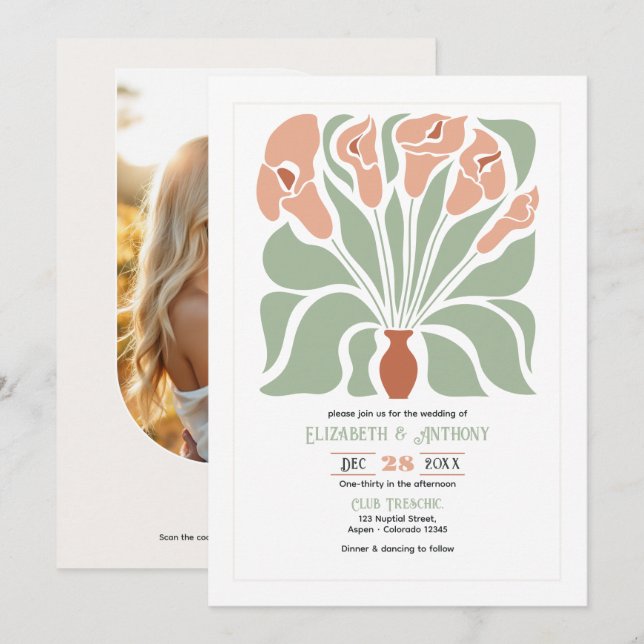 Sage & Terracotta Abstract Floral Boho Wedding Invitation (Front/Back)