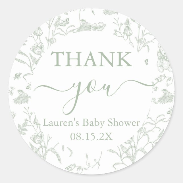 Sage Toile Bear Baby Shower Classic Round Sticker (Front)