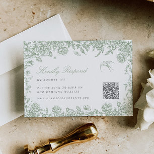 Sage Toile RSVP card with QR code Chinoiserie Bird