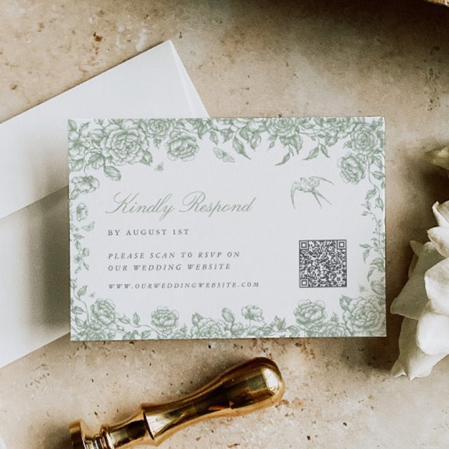 Sage Toile RSVP card with QR code Chinoiserie Bird (Creator Uploaded)