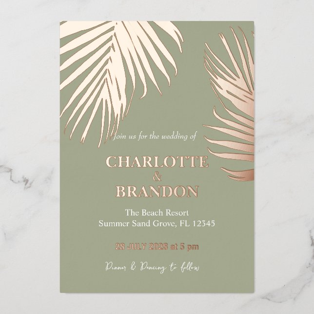 Sage Tropical Palm Leaf Wedding Gold  (Front)
