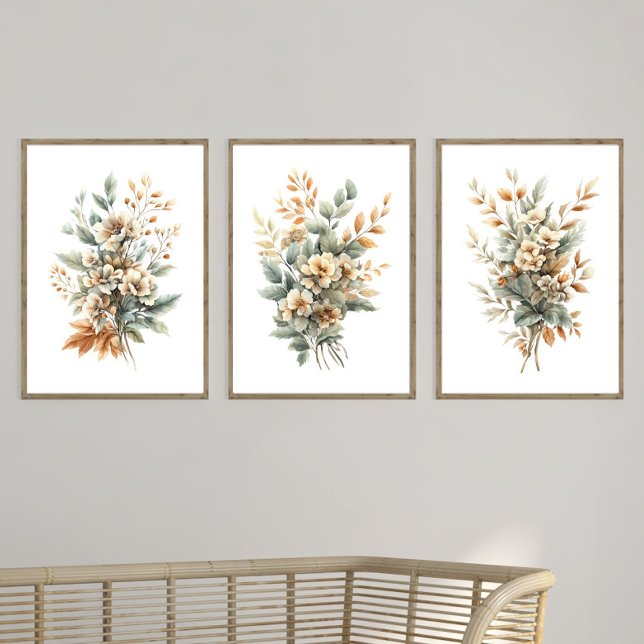 Sage Vert Beige Neutre Couleurs Botaniques Floral (Sage Green and Beige Botanicals Wildflowers Watercolor Florals Wall Art Set of 3 prints)