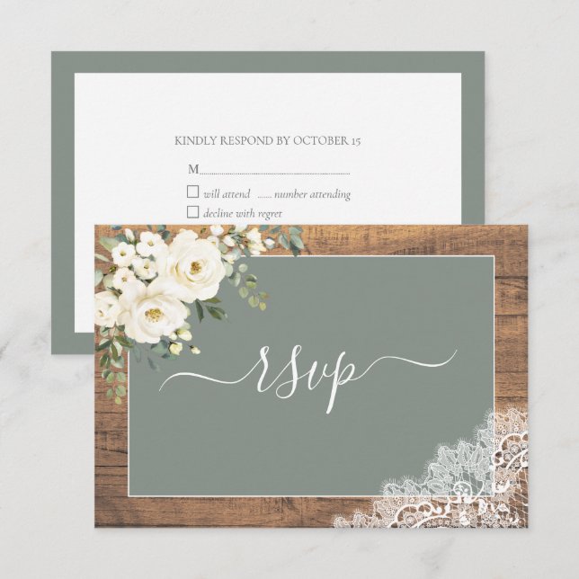 Sage Vert Blanc Floral Script dentelle Bois RSVP (Devant / Derrière)
