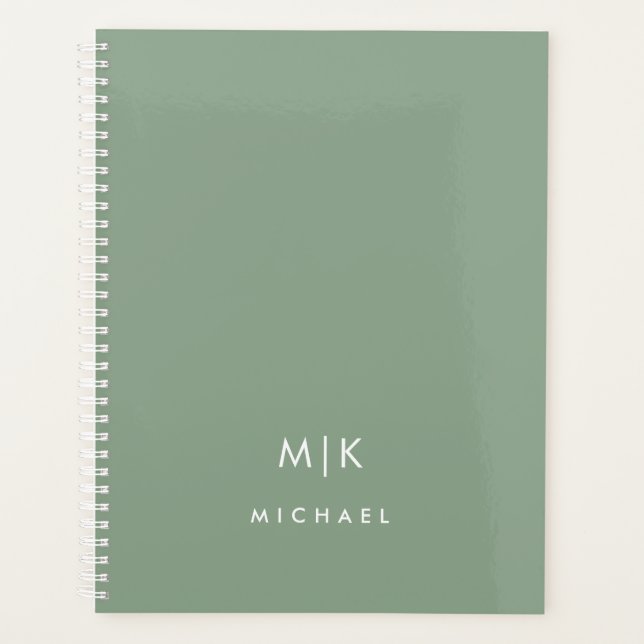 Sage vert et blanc | Monogramme moderne (Devant)