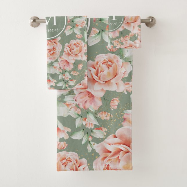Sage Vert Floral Aquarelle Rose Motif Monogramme (En situation)