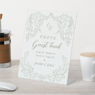 Sage Vintage Flourish Monogram Photo Guest Book Pedestal Sign