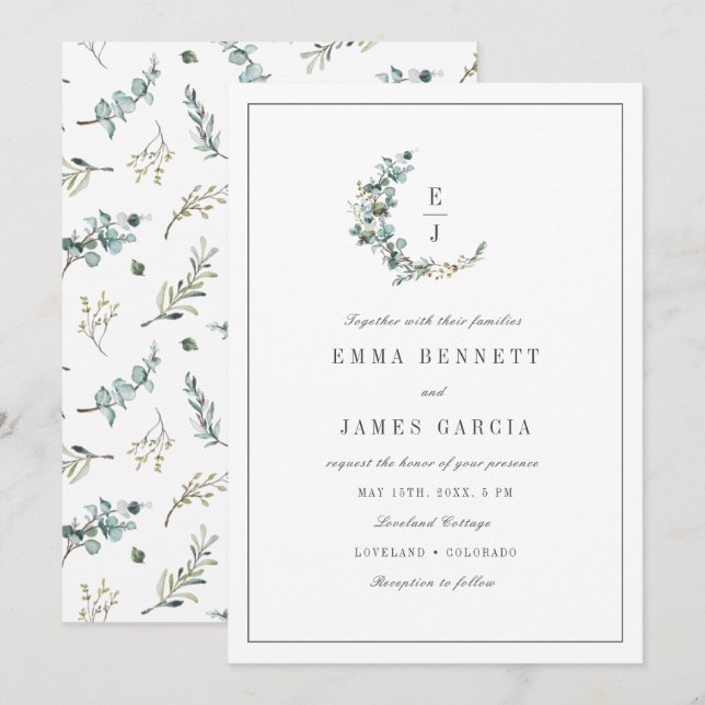 Sage Watercolor Eucalyptus Wreath Monogram Wedding Invitation (Front/Back)