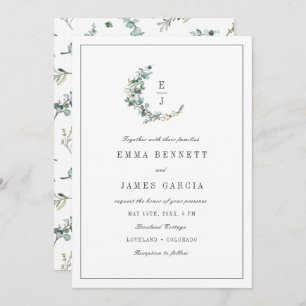 Sage Watercolor Eucalyptus Wreath Monogram Wedding Invitation