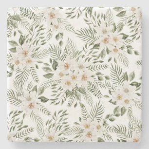 Sage Watercolor Flower Pattern Stone Coasters