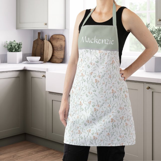 Sage Watercolor Wildflower Floral Custom Name Apron (Creator Uploaded)
