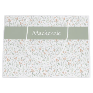 Sage Watercolor Wildflower Floral Custom Name Large Gift Bag