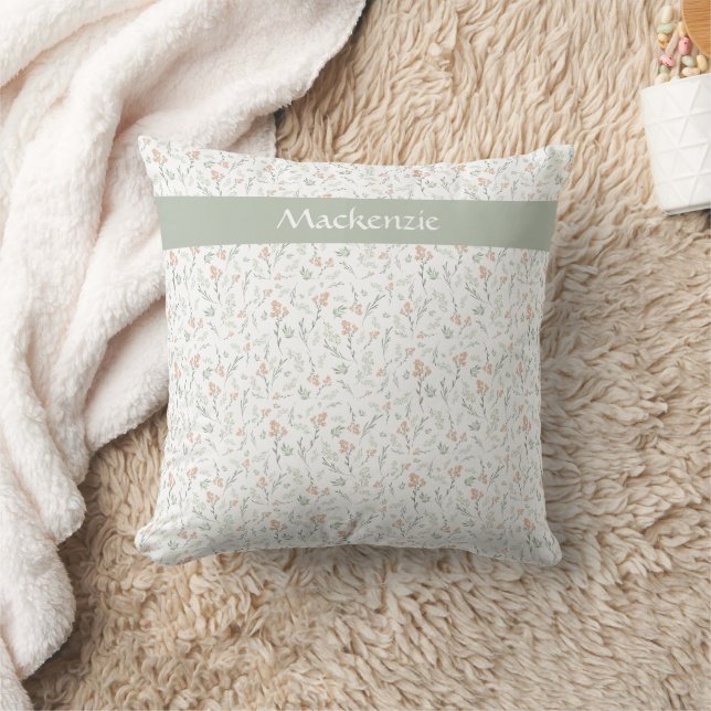 Sage Watercolor Wildflower Floral Custom Name Throw Pillow (Blanket)