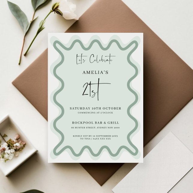 Sage Wavy Border 21st Birthday Invitation (Creator Uploaded)