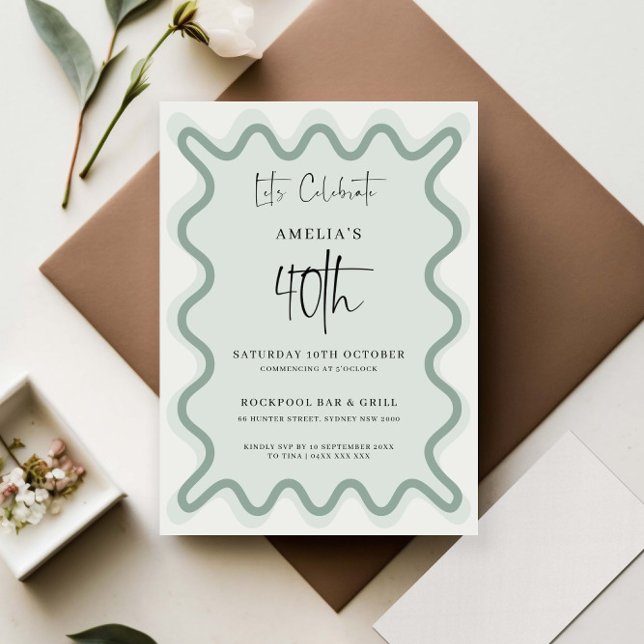 Sage Wavy Border 40th Birthday Invitation (Creator Uploaded)