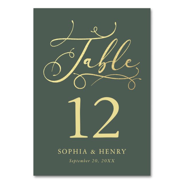 Sage Whimsical Gold Calligraphy Table Number (Front)