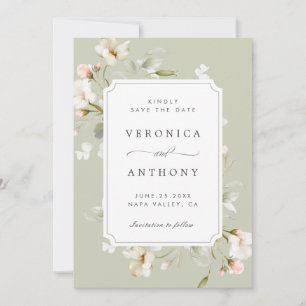 Sage White Blush Elegant Floral Wedding Photo Save The Date