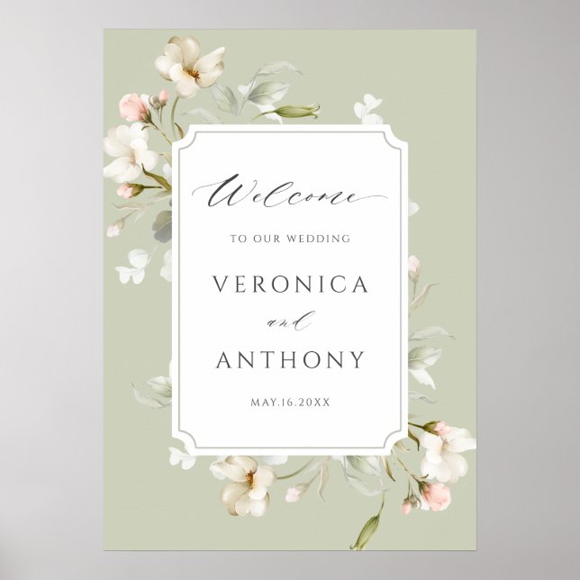 Sage White Blush Floral Wedding Welcome Sign (Front)