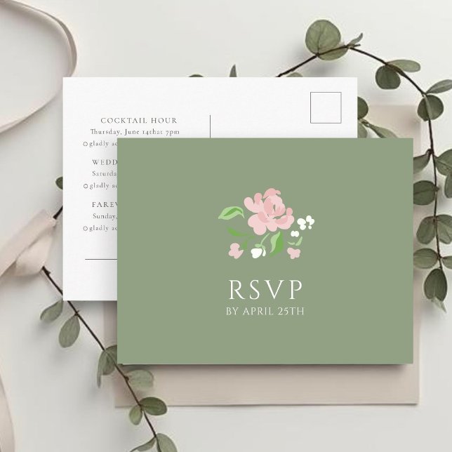Sage & White | Chic Wedding RSVP Response Postcard (Creator Uploaded)