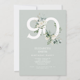 Sage White Floral Elegant 90th Birthday Party  Invitation