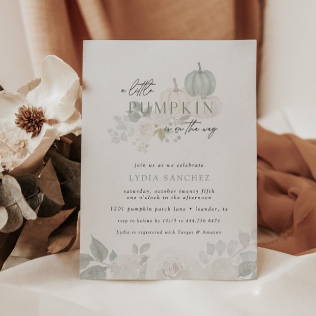 Sage & White – Floral Pumpkin Fall Baby Shower Invitation (Elegant modern fall baby shower designs.)
