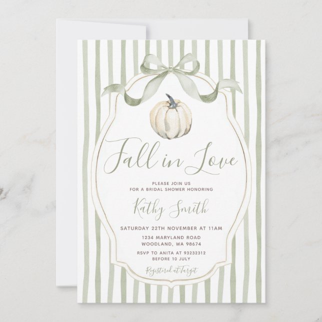 Sage & White Pumpkin Fall In Love Bridal Shower Invitation (Front)