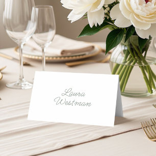Sage White Simple Script Wedding Folded Place Card