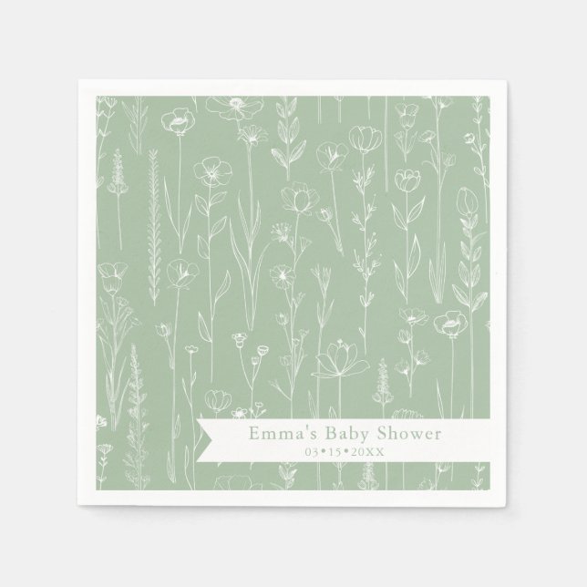 Sage Wildflower Baby Shower | Floral Pattern Napkin (Front)
