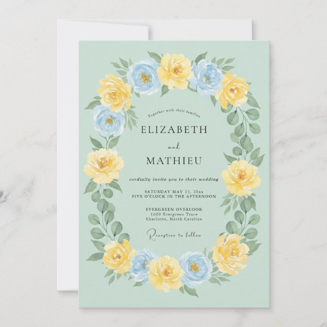 Sage Yellow Blue Botanical Wedding Invitation (Front)