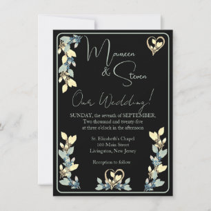 Sage & Yellow Floral on Black Wedding Invitation