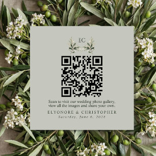 SageGreen Olive Branch Monogram Photos QR Code Enclosure Card