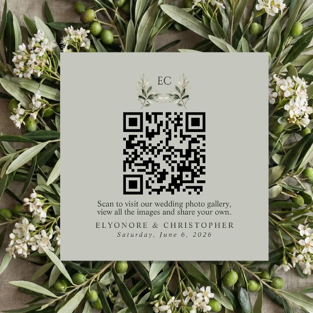 SageGreen Olive Branch Monogram Photos QR Code  Enclosure Card (Creator Uploaded)