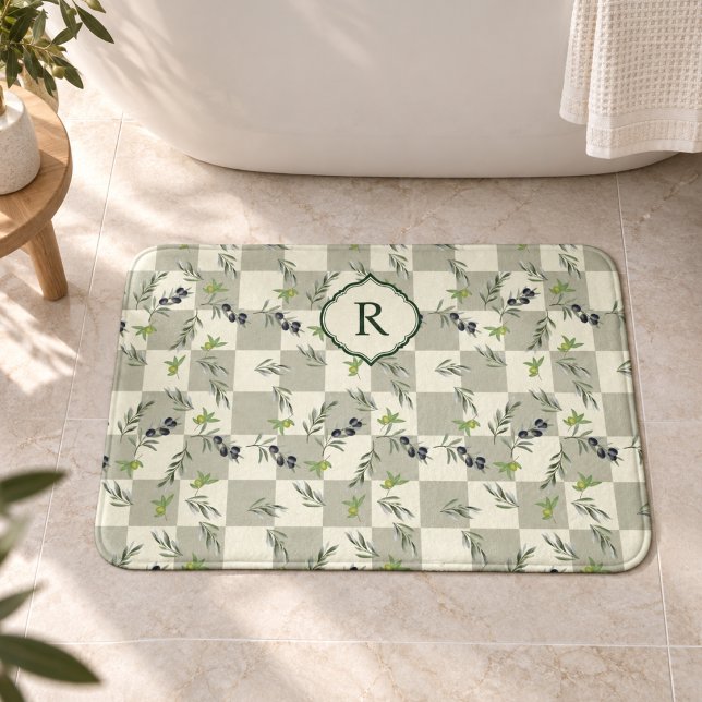  SageGreen Watercolor Olive Pattern Monogram  Bath Mat (sage green watercolor french country
chic olive pattern name monogram
elegant modern initial home )