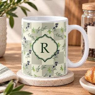 SageGreen Watercolor Olive Pattern Monogram Coffee Mug