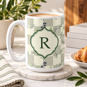  SageGreen Watercolor Olive Pattern Monogram  Coffee Mug