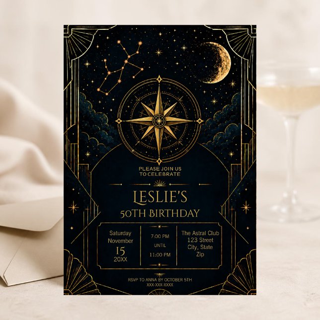 Sagittarius 50th Birthday Invitation | Celestial (Celestial Sagittarius 50th birthday invitation with gold zodiac details and midnight stars.)